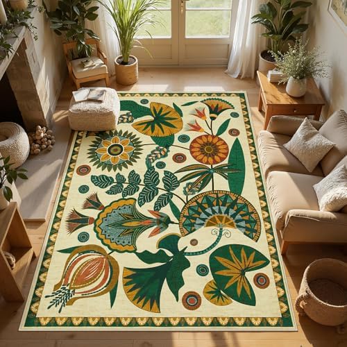 Joydeco Boho Washable Egypt Floral Beige 5x7 Area Rugs for Living Room