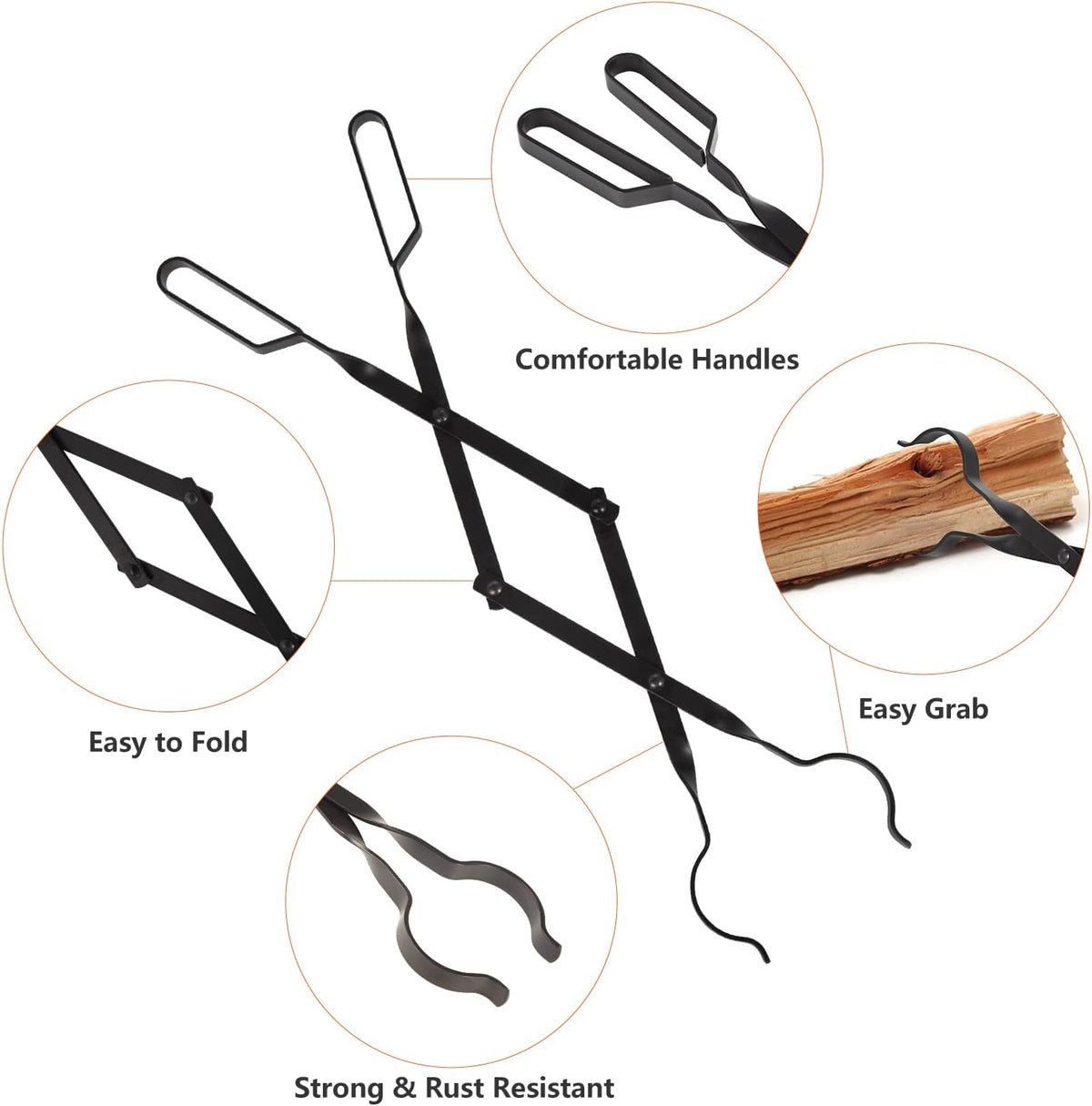 26" Fireplace Tongs, Fire Pit Tool, Fire Pit Accessories Tool for Outdoor Indoor Camping BBQ