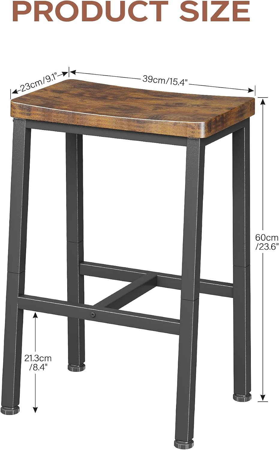 Homeiju Bar Stools, Counter Height Bar Stools Set of 2, 23.6 Inch Saddle Stools with Footrests, Industrial Kitchen Counter Seat for Dining Room, Kitchen, Counter, Rustic Brown
