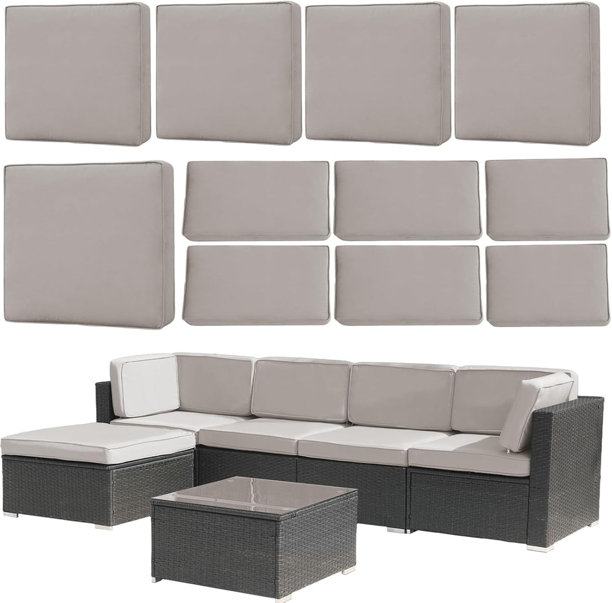 11 Piece Patio Cushion Covers Replacement Water&Fade Resistant Outdoor Sofa Slipcovers for Sectional Wicker Rattan Furniture，Deck&Porch Cushion Protector (Light Gray, 24.8x24.8x3.54 Inches)