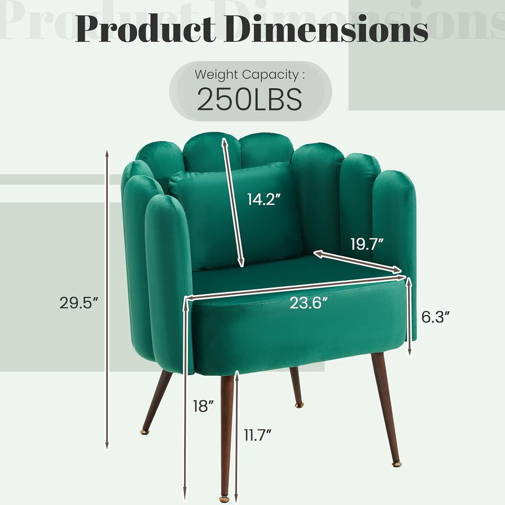 HOMREST Velvet Vanity Chair with Back,Mid-Century Modern Small Accent Chair for Living Room,Petal Backrest Decorative Chair,Pillow & Metal Legs-Plush Lounge Chair for Vanity,Living Room,Bedroom-Green