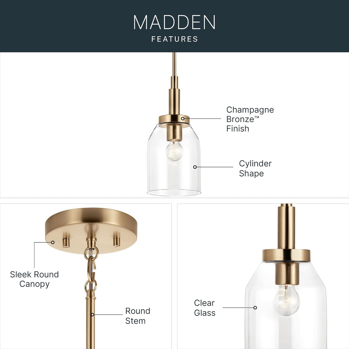Kichler Madden Mini Pendant Light, Clear Glass, Champagne Bronze