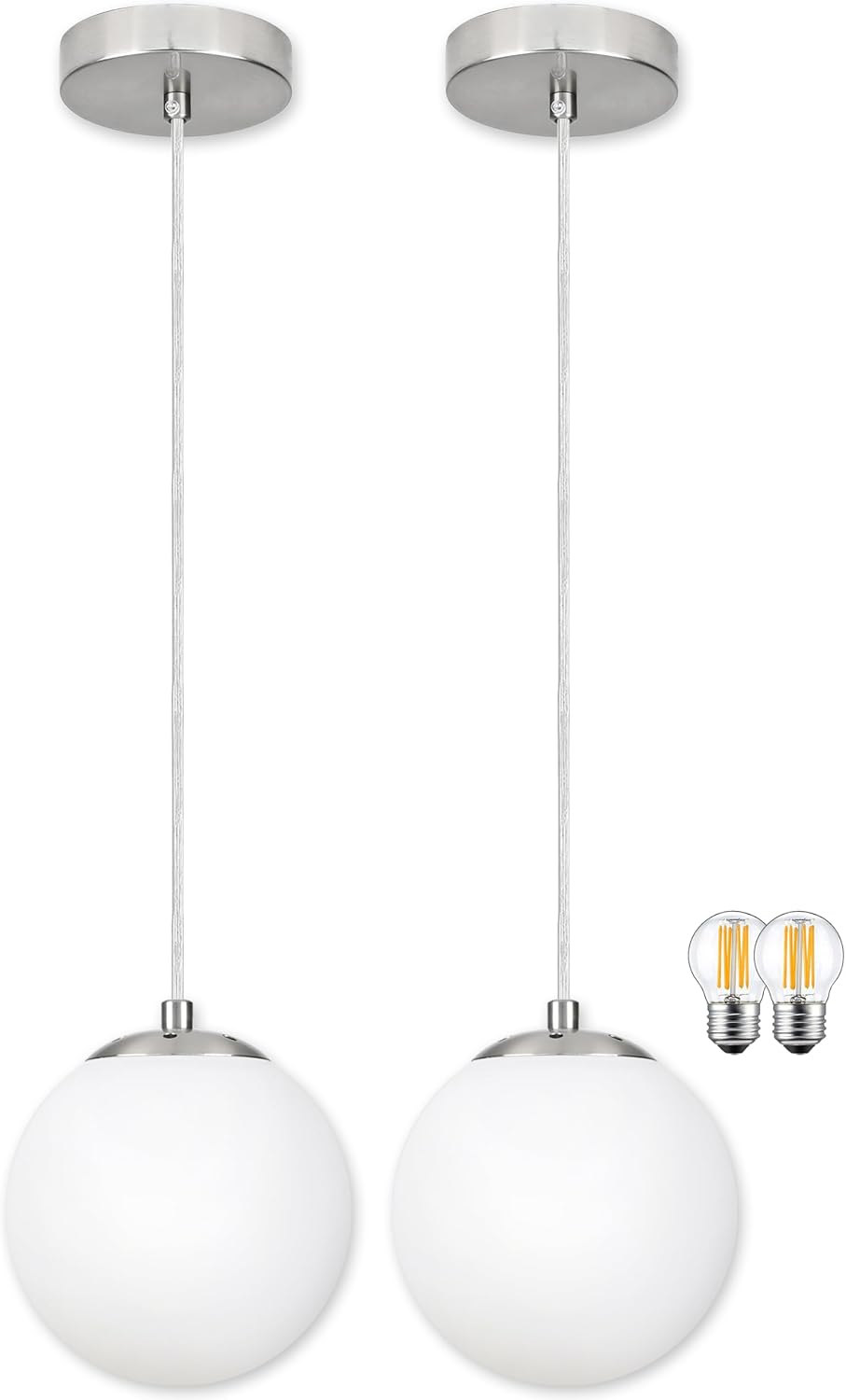 KoKo&Yukina 6 Inch Globe Pendant Light Nickel Globe Pendant Lights Kitchen Island Mid Century Light Fixture with Milky White Glass Shade for Dining Room (2 Pack)