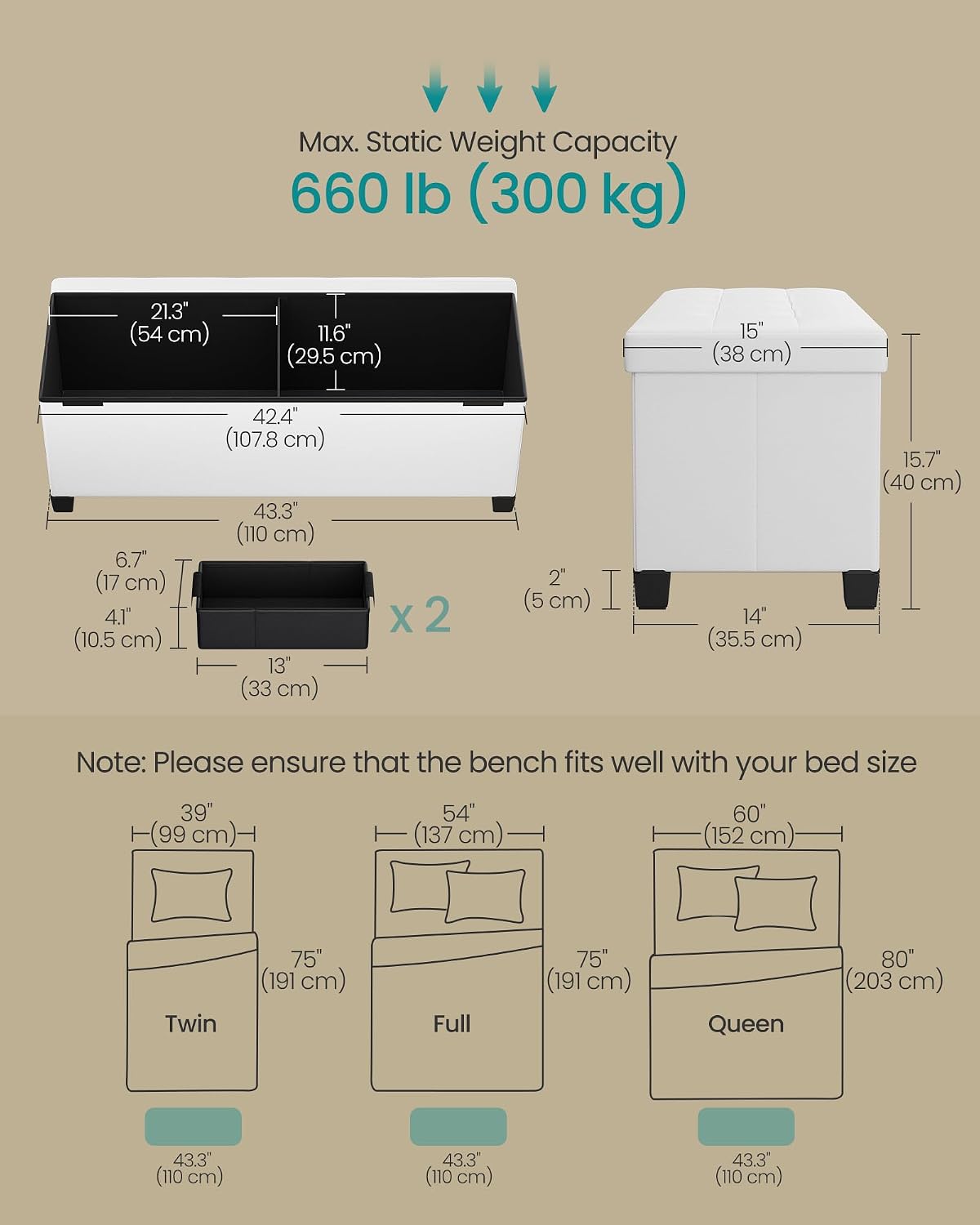 SONGMICS Storage Ottoman Bench with Legs, 43.3 Inches, 30 Gal. (112 L)