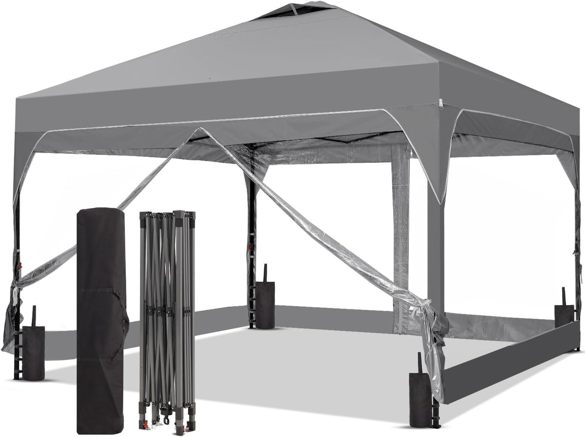 8x8FT 1-Button Push Pop Up Canopy Tent with 4 Clear PVC Sidewalls