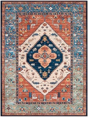 Lahome Area Rugs 9x12 Living Room - Boho Non-Slip Washable Rug Ultra-Thin Stain Resistant Large Carpet Throw Non Shedding Dining Room Mat, Oriental Print Carpet for Bedroom Adelyn (Rust, 9'x12')