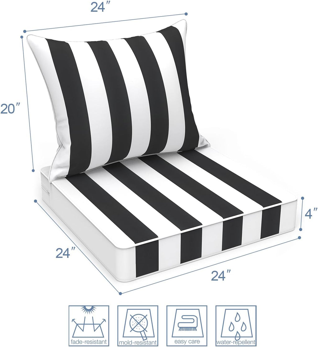 LVTXIII Outdoor Deep Seat Cushion Patio Seat and Back Cushion Set Seasonal Chair Cushion with Removable Cover and Adjustable Buckle for Home and Garden, 24"x24"x4", Cabana Black