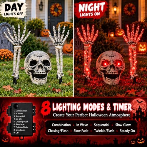 Halloween Skeleton Decorations Outdoor, Light Up Skull Head & Skeleton Ha...