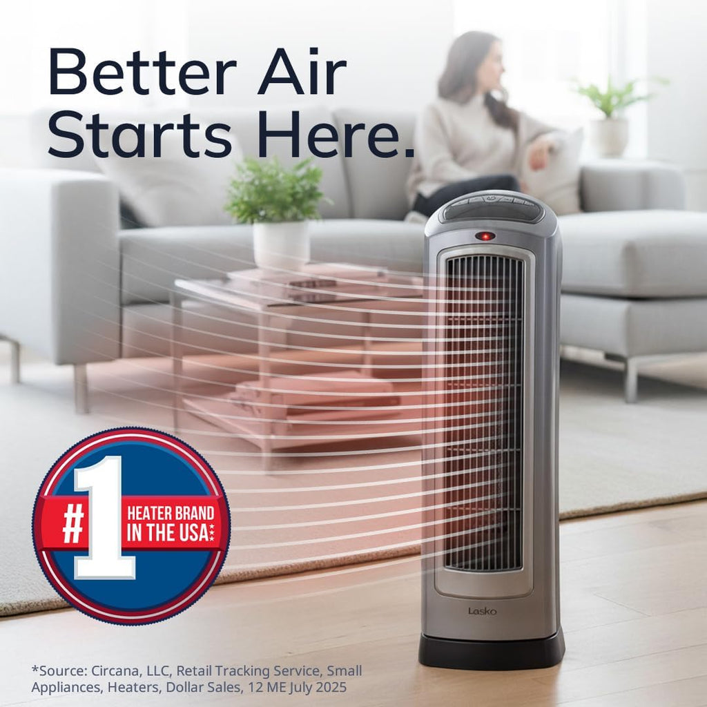 Lasko Oscillating Digital Ceramic Tower Heater for Home with Adjustable Thermostat, Timer and Remote Control, 23 Inches, 1500W, Silver, 755320