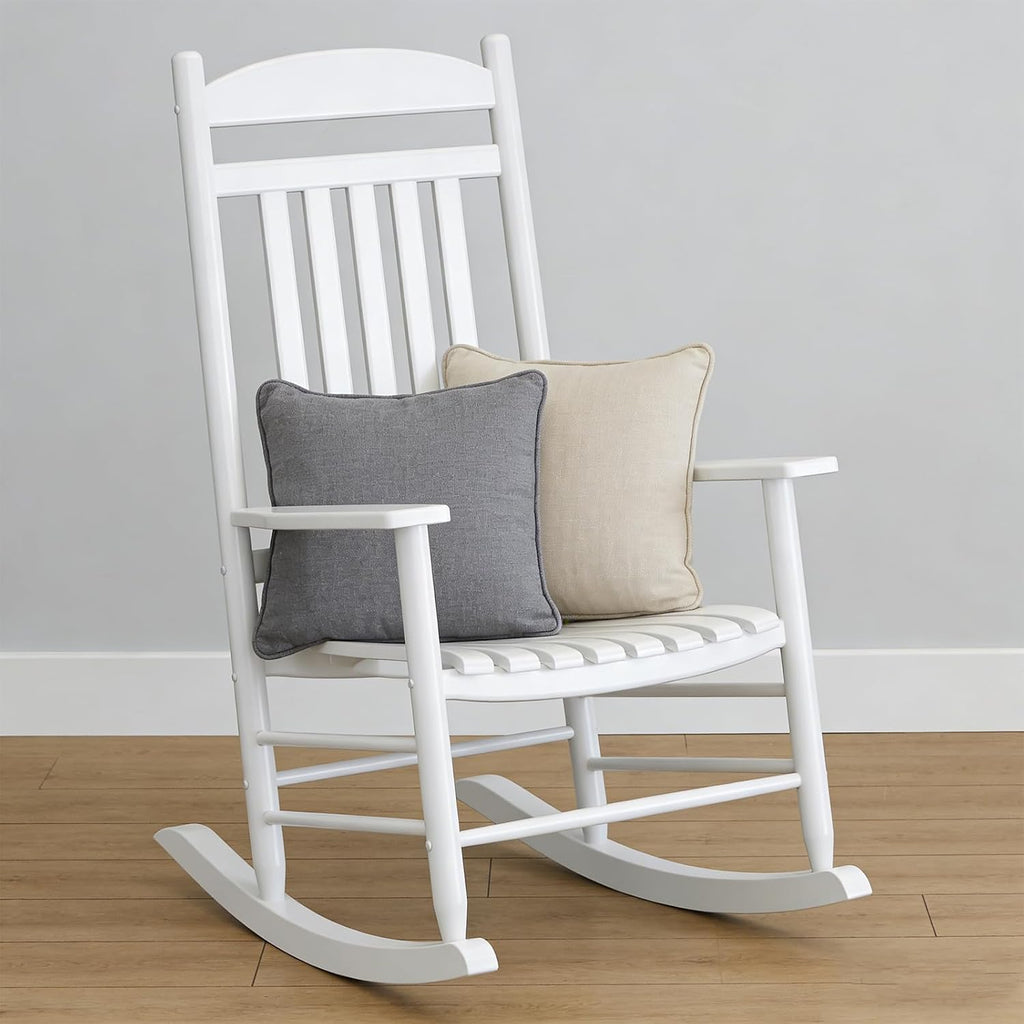 Wooden Outdoor Rocking Chair, Weatherproof Oversized Rocking Chair, Heavy Duty Comfort with 350 lbs Weight Capacity, Solid Relaxing Rocker with High Back for Patio, Porch, Living Room (white)