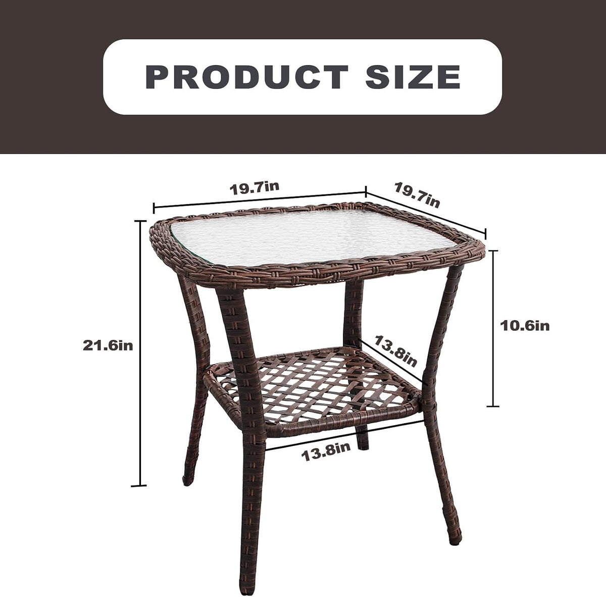 DIMAR GARDEN Outdoor Side Table Wicker Patio Coffee Table with Glass Top and Storage Shelf, Mixed Brown