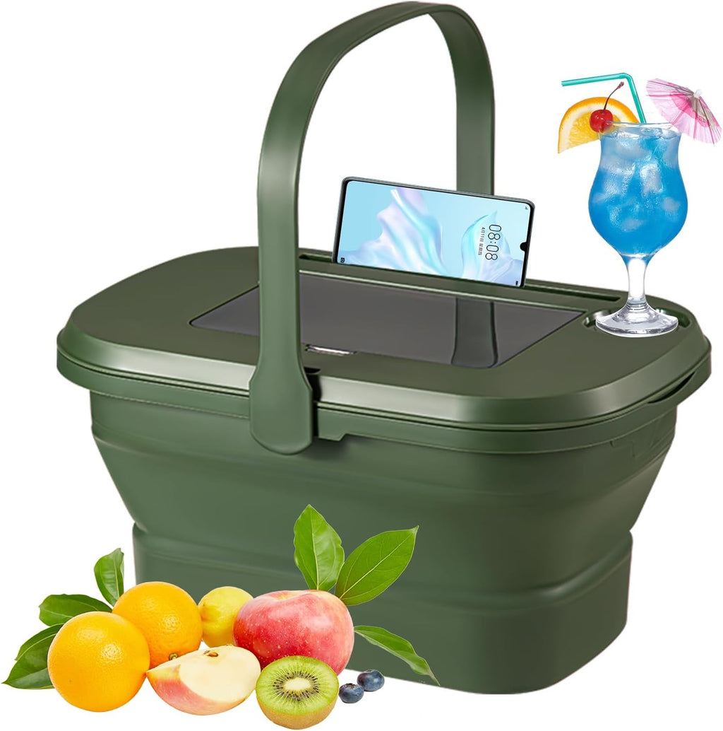 Collapsible Picnic Basket 16L, Folding Basket for Picnic with Lid Table, Waterproof Large Picnic Basket with Handles, Portable Collapsible Storage Basket for Camping, Outdoor, Travel，Green