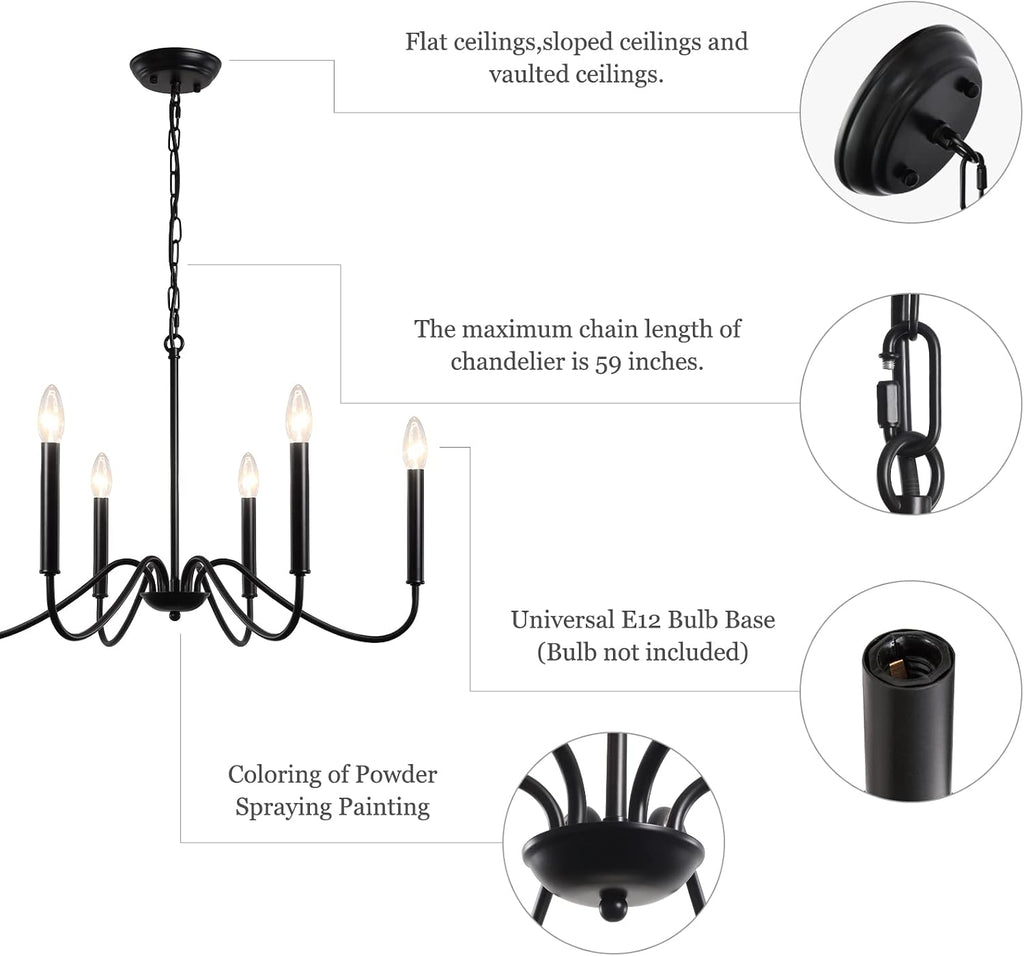 6-Light Black Farmhouse Chandelier, Rustic Candle Dining Room Light Fixture