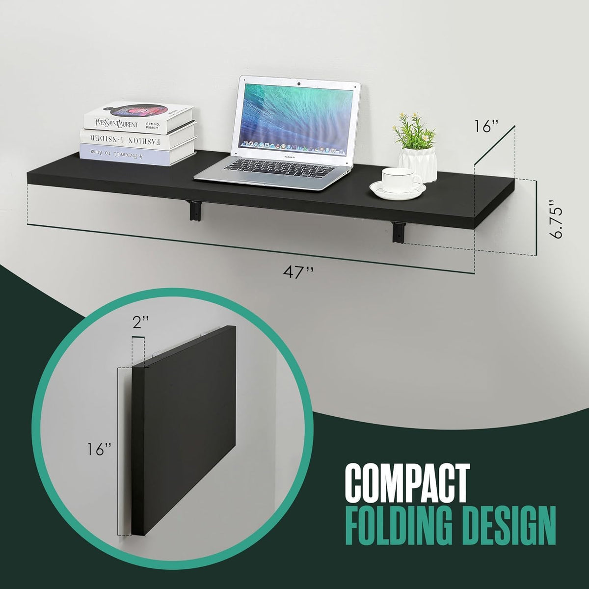 Wall Mounted Desk, Murphy Desk, Wall Mounted Folding Table, 48x16 Black