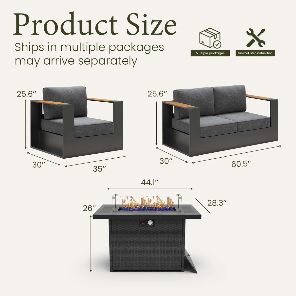 LayinSun 4 Pieces Aluminum Patio Furniture Set with Fire Pit Table