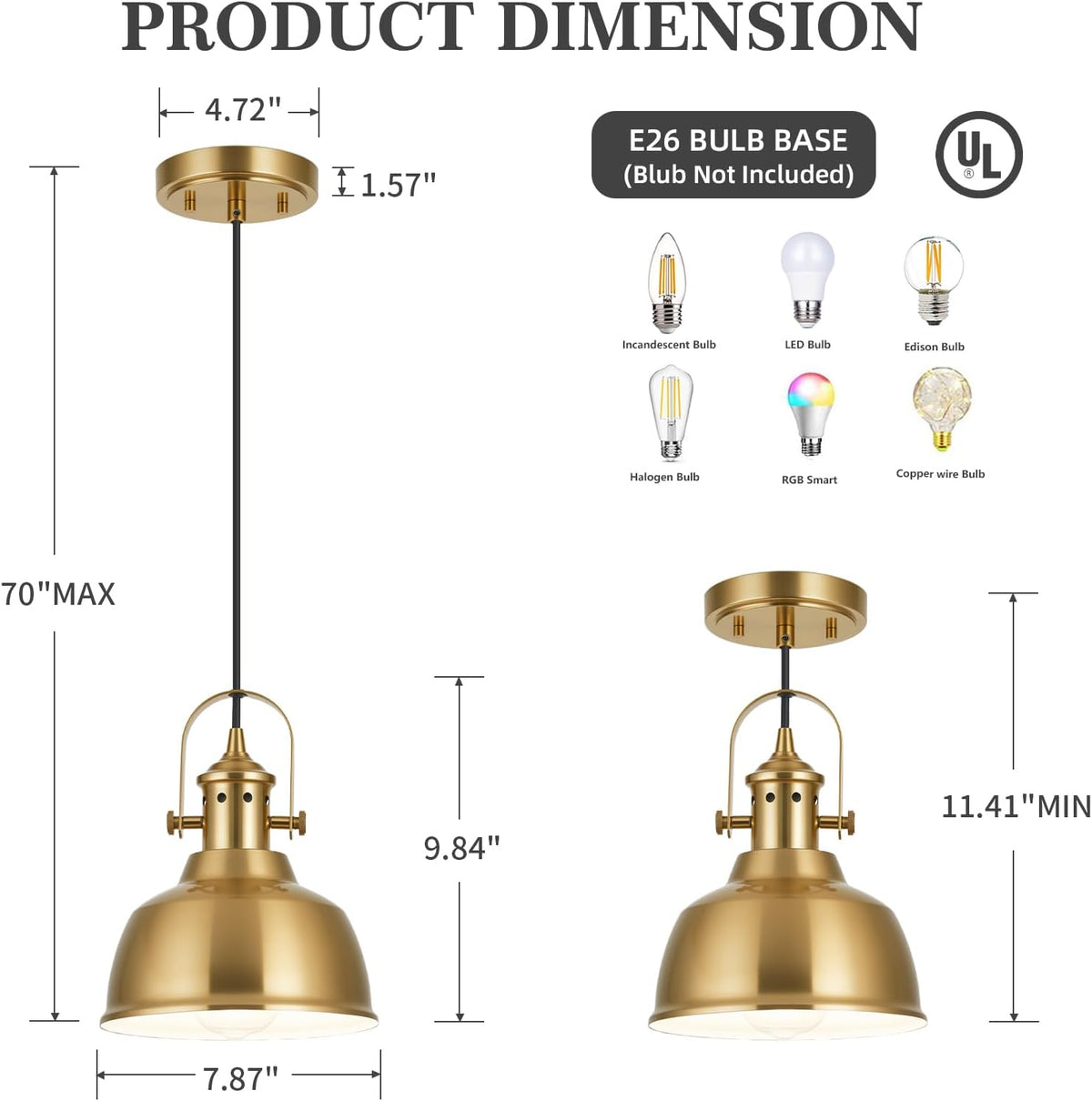 Farmhouse Small Pendant Lights Kitchen Island, Gold, 3 Pack