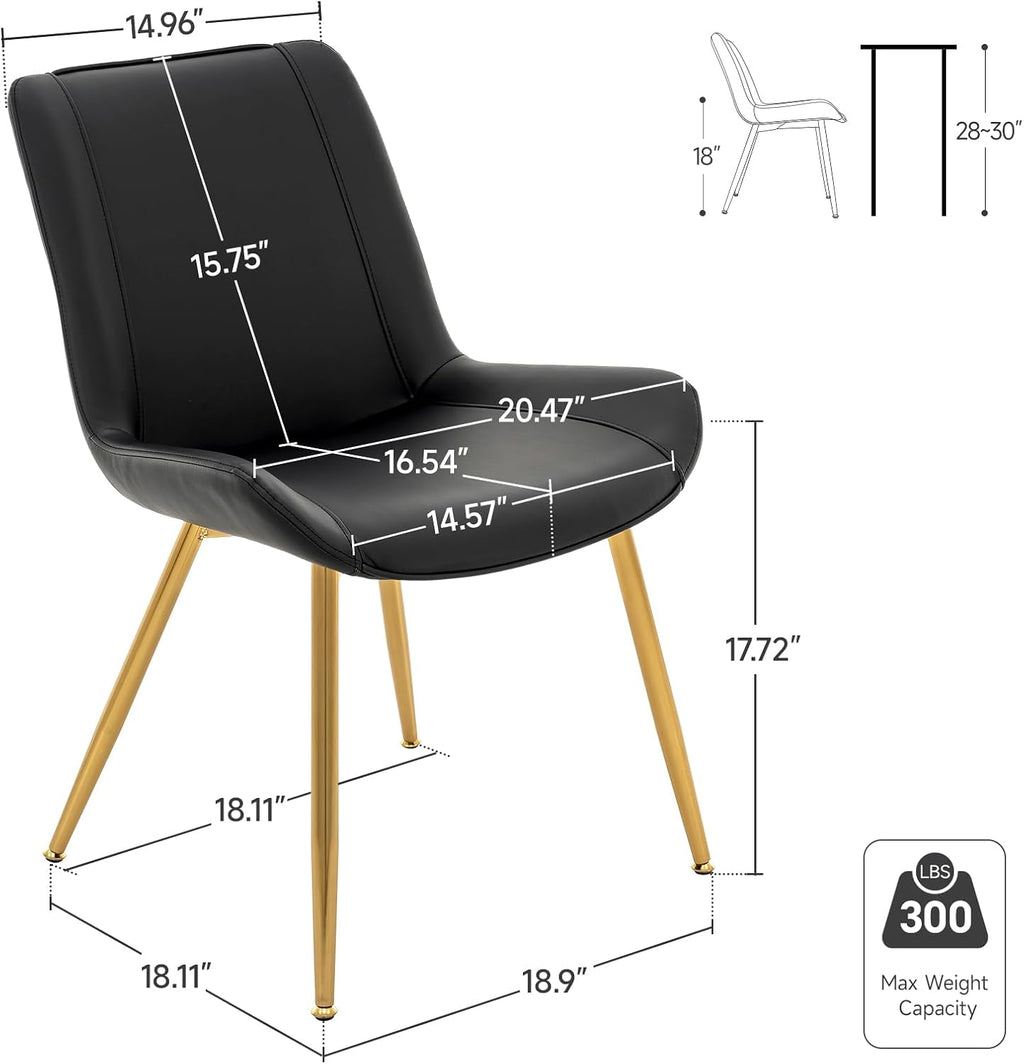 Dining Chairs Set of 2, PU Leather Armless with Metal Legs Black, Gold Legs