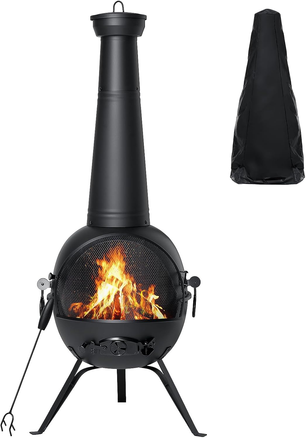 Chiminea Outdoor Fireplace Prairie Fire Patio Backyard Wooden Fire Pit with Chiminea Cover Rust-Free Iron Black