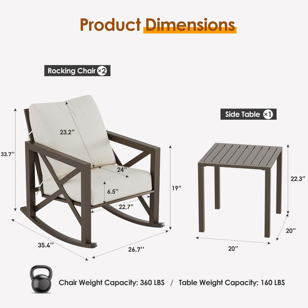 Outdoor Rocking Bistro Set, Patio Chairs Set of 2 with Coffee Table, Beige