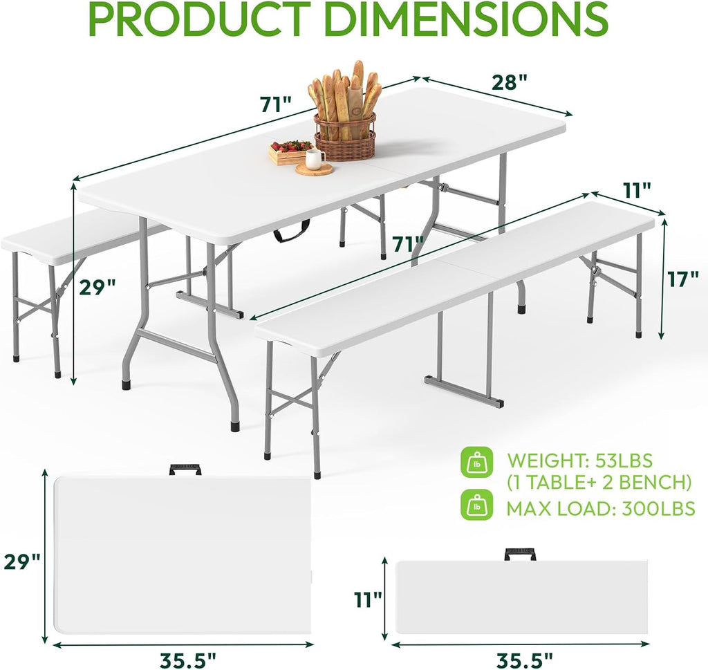 Folding Table Picnic Table Set with 2 Benches, 6 ft Camping Table Chair Set