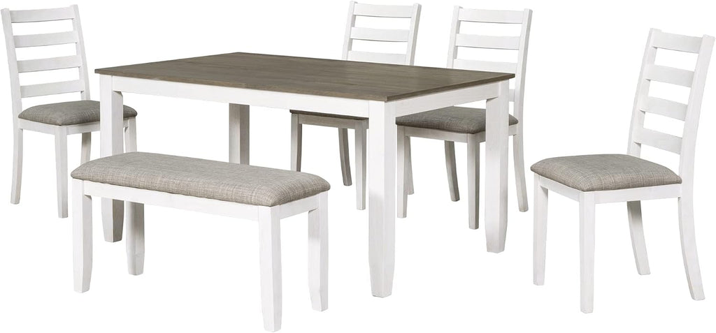 Merax 6 Piece Dining Table Set with Bench, Wooden Rectangular Dining Table with 4 Chairs & a Bench, Kitchen Dining Room Table Chairs Set (Brown + Whitewash)