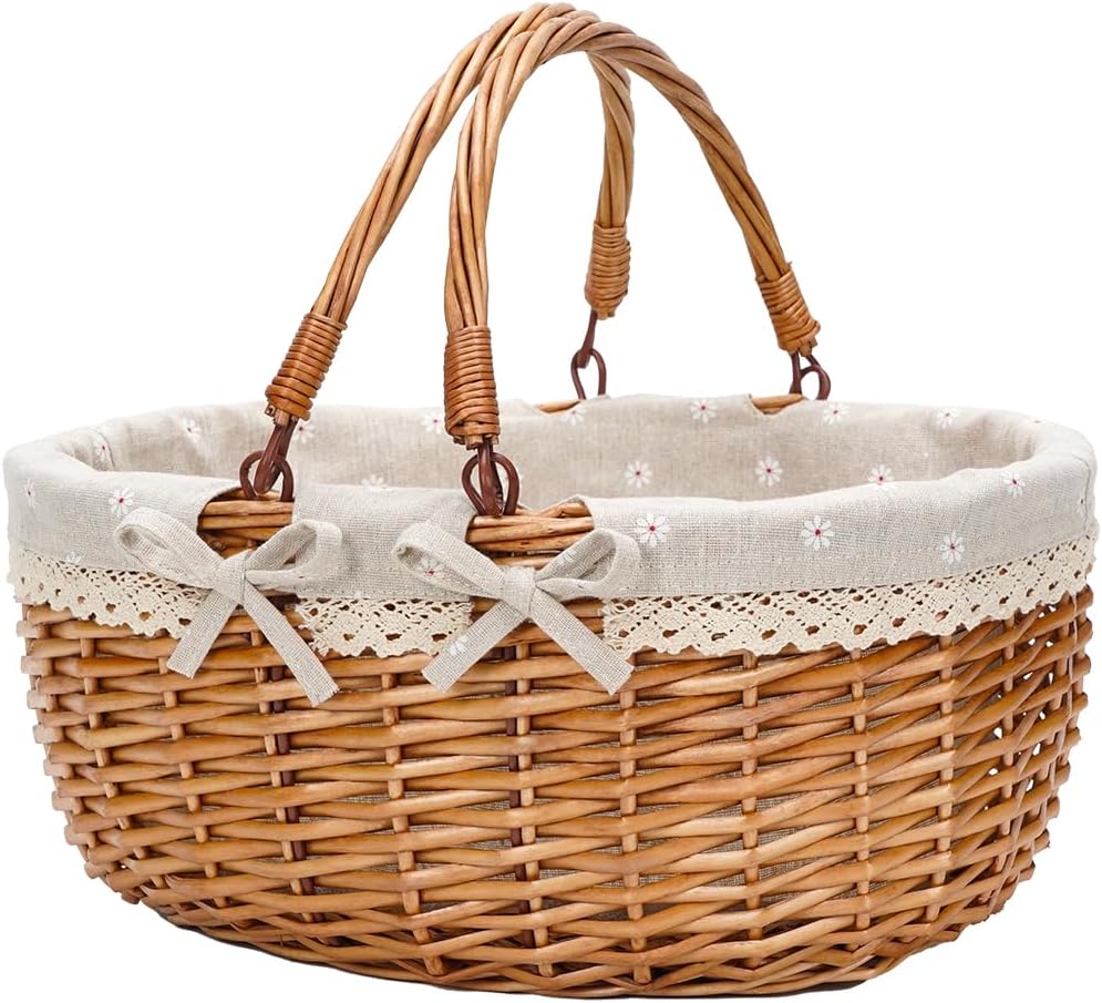 Good GAIN Wicker Picnic Basket w/Fold Handles,Willow Empty Baskets,Cream