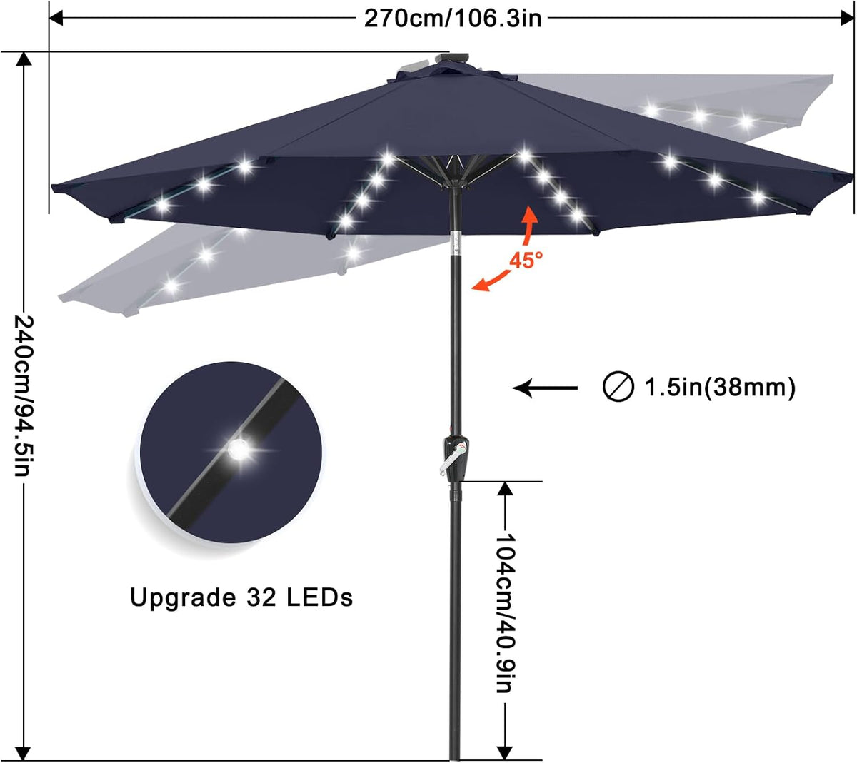 ABCCANOPY Solar Led Patio Umbrella with 32 Lights 9FT(Navy Blue)