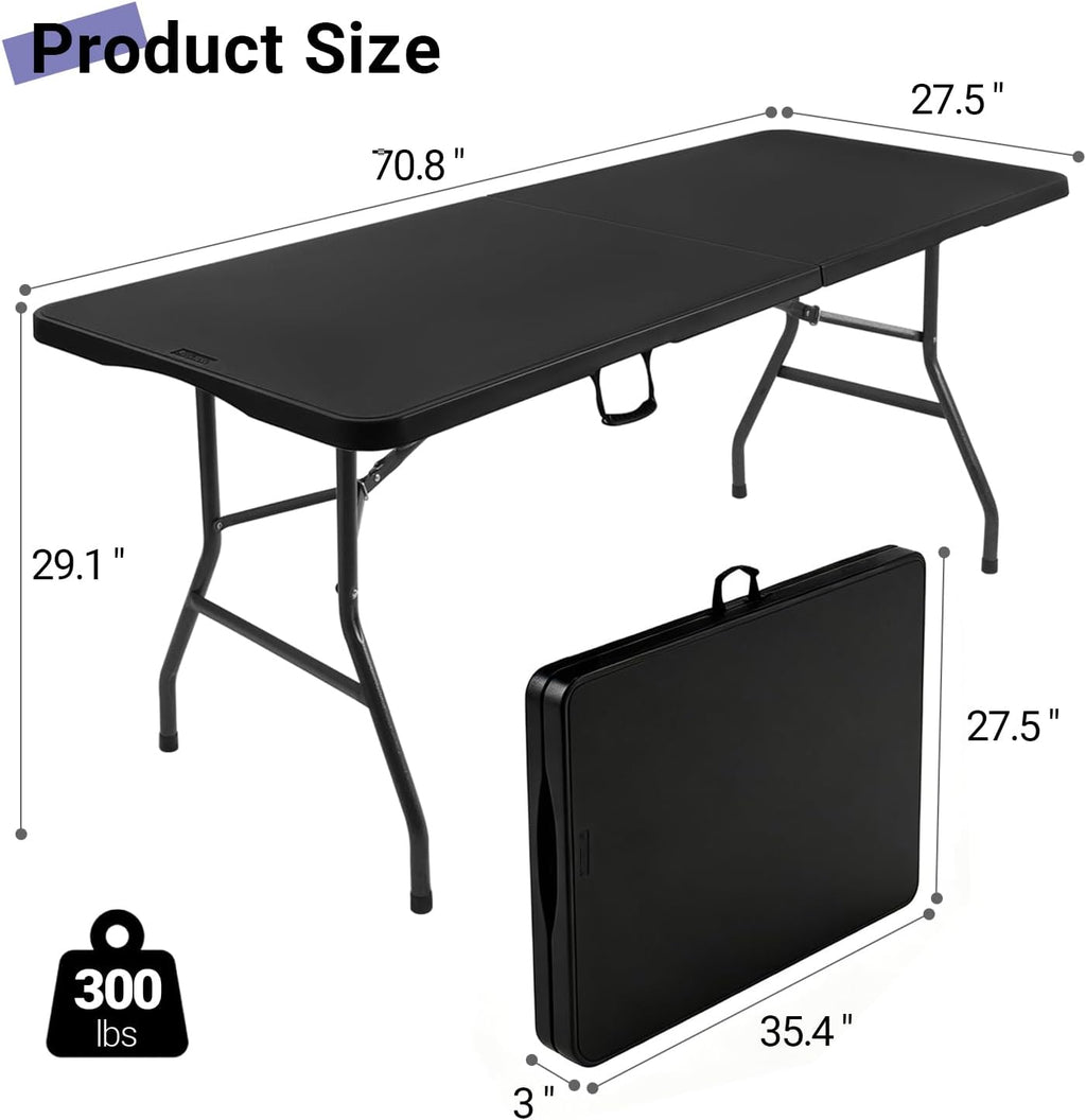 6ft Folding Table, Portable Heavy Duty Plastic Table for Party, Black