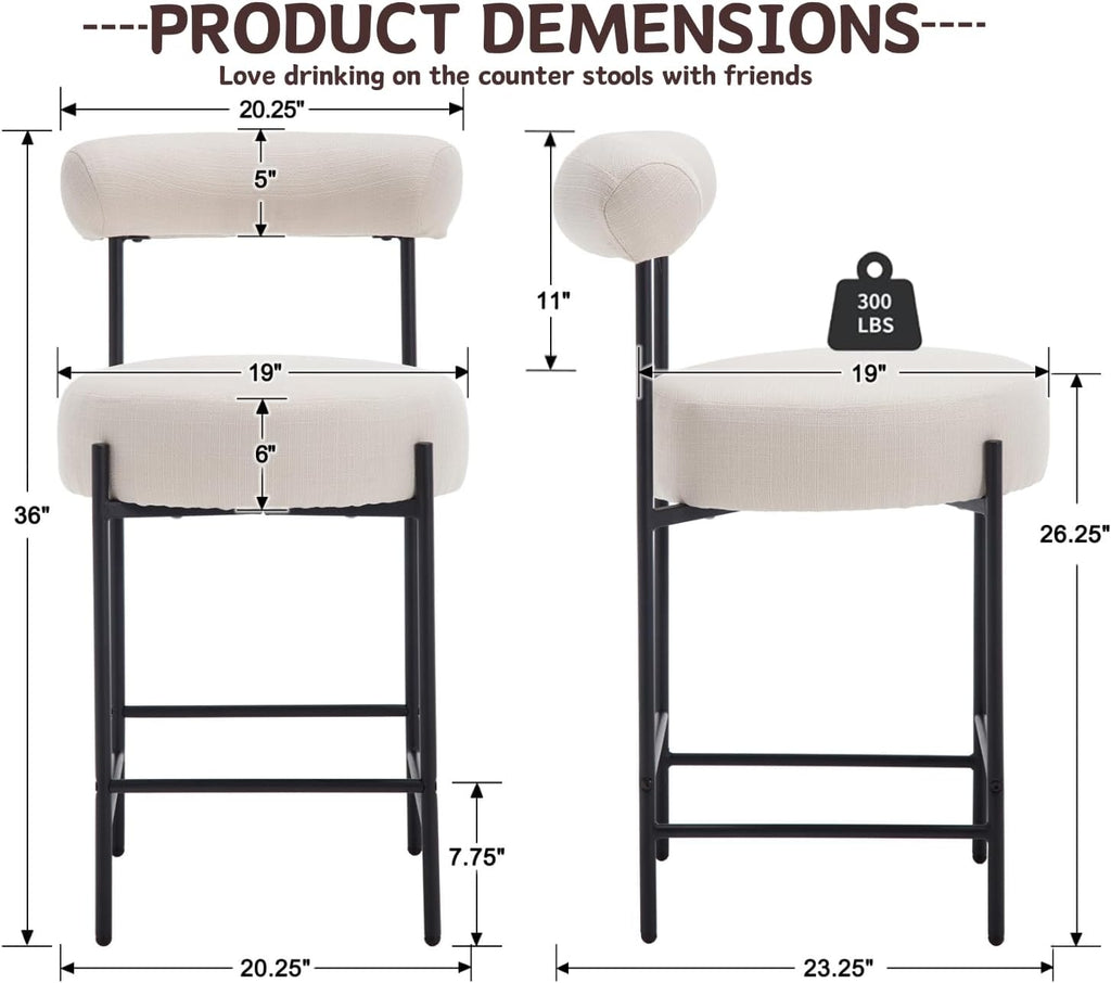 Shunzhi Beige Linen Counter Height Bar Stools Set of 4, Modern Boucle Barstools, Upholstered Counter Stools with Open Back/Metal Legs for Kitchen Island/Home Bar/Bistro,26''