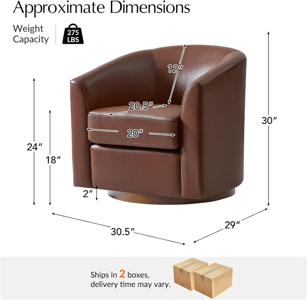 HULALA HOME Genuine Leather Swivel Barrel Accent Chairs Set of 2, Brown