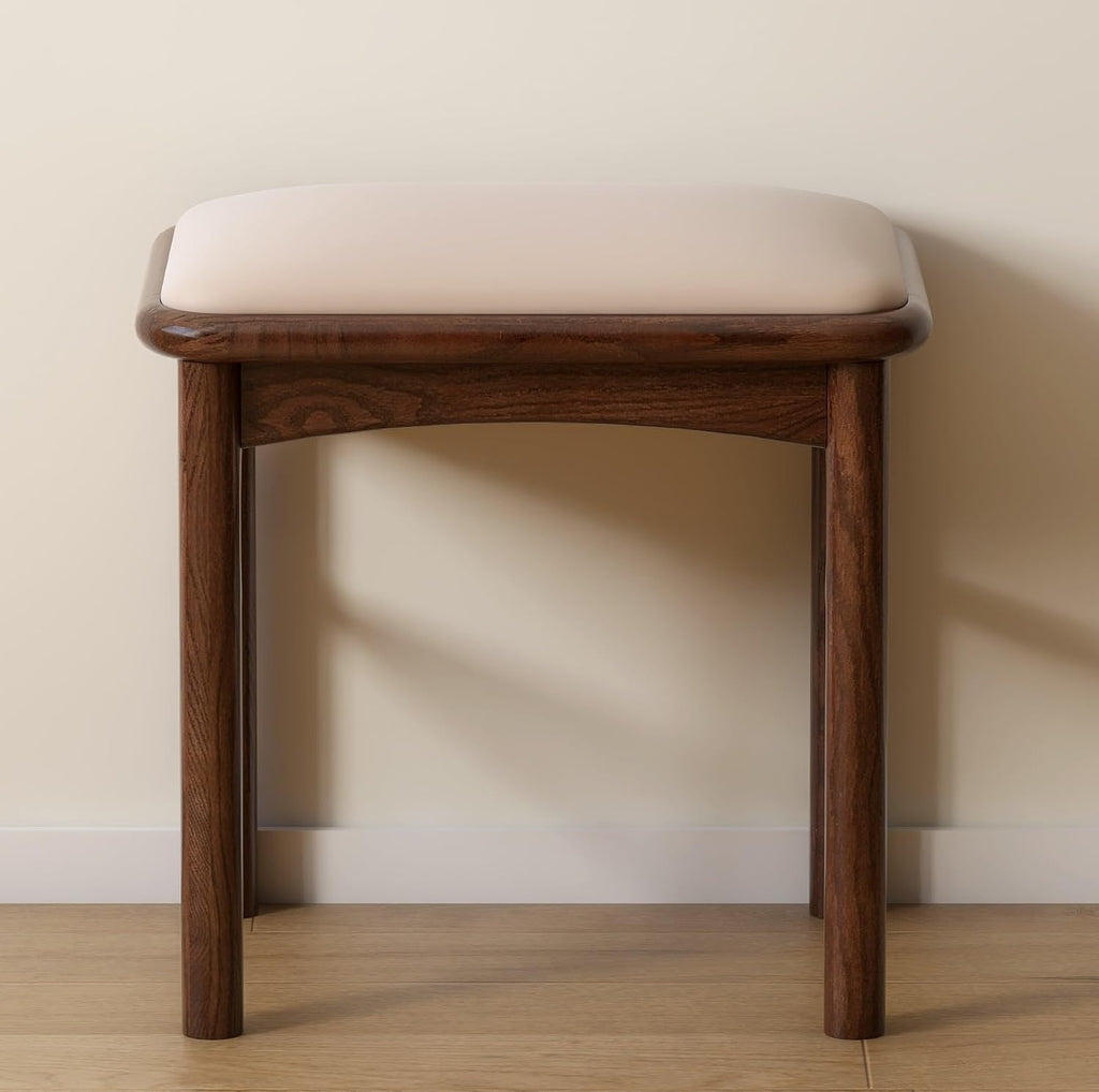 Upholstered Stool with Solid Wood Leg, Leather Padded Dining Ottoman Walnut Footrest Stool Bench Seat for Entryway Kitchen, 1pc