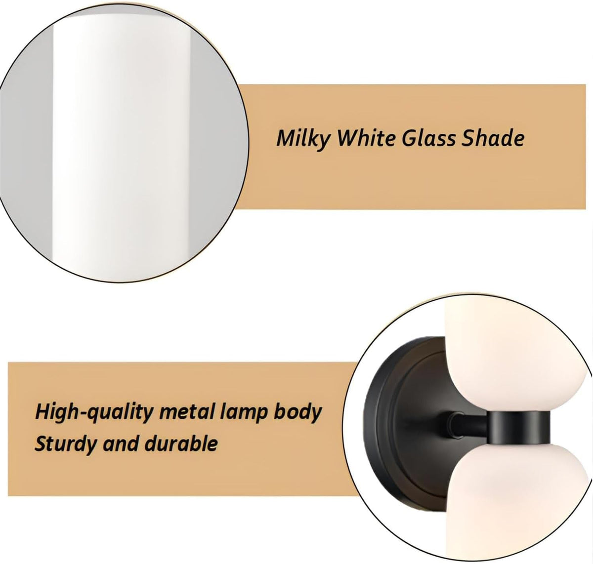 Bathroom sconces Set of 2 mid-Century Modern Light Vanity sconces Fixture Milky White lampshade Large Glass for Bathroom Vanity Bathroom Living Room (Black)