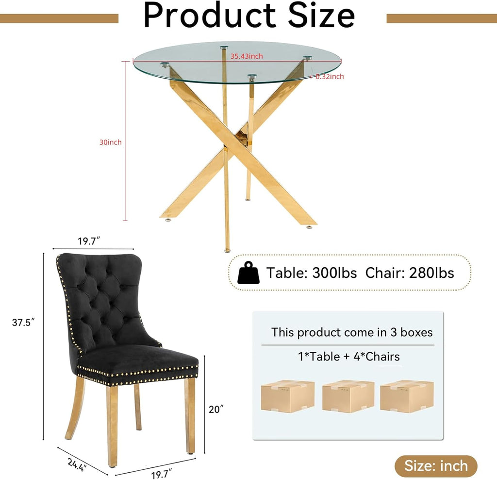 Henf 5 Piece Dining Table Set for 4, Glass Round Dining Table with 4 Black Fabric Dining Chairs, 36'' Round Gold Dining Room Table Set for Small Space, Compact Kitchen Table and Chair Set for 4