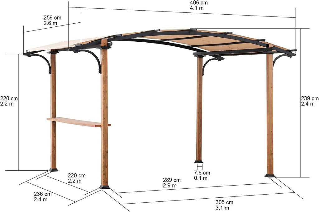 SUNJOY Outdoor Pergola 8.5 x 13 ft. Steel Arched Pergola with Tan Weather-Resistant Heavy-Duty Textilene Fabric Canopy and Bar Shelf – Compact Steel Pergola for Patio, Backyard, Garden Activities