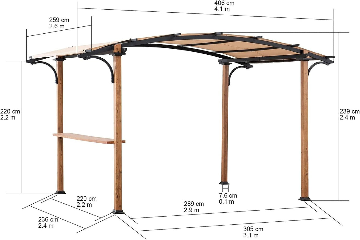 SUNJOY Outdoor Pergola 8.5 x 13 ft. Steel Arched Pergola with Tan Weather-Resistant Heavy-Duty Textilene Fabric Canopy and Bar Shelf – Compact Steel Pergola for Patio, Backyard, Garden Activities