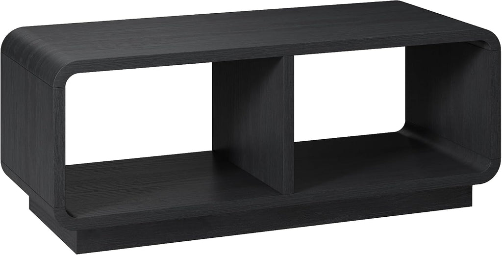 LYNSOM 47" Mid Century Modern Coffee Table, 2-Tier Center Table with Curved Profile Design & Independent Compartments, Wooden Rectangular Table with LED Light Strip for Living Room, Office, Black