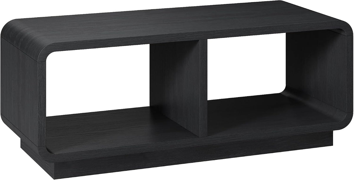 LYNSOM 47" Mid Century Modern Coffee Table, 2-Tier Center Table with Curved Profile Design & Independent Compartments, Wooden Rectangular Table with LED Light Strip for Living Room, Office, Black