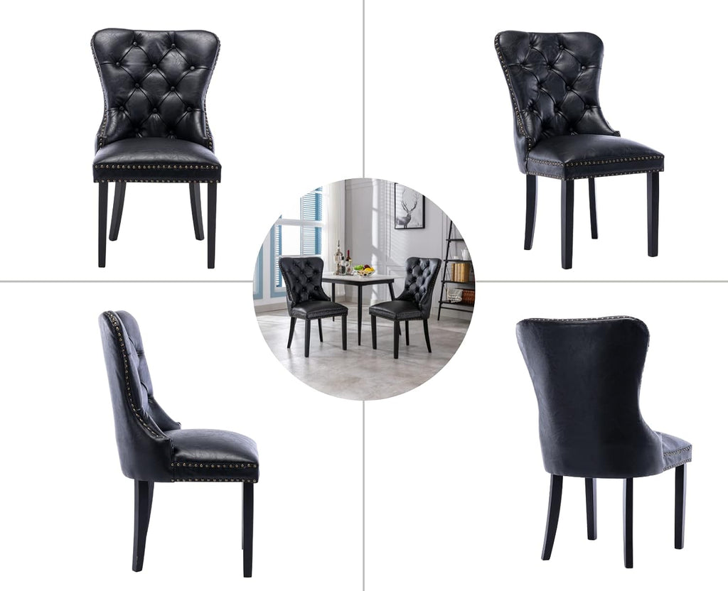 EALSON Modern Black Dining Chairs Set of 8 Mid Century Leather Dining Room Chairs with Wood Legs Tufted Upholstered Kitchen Side Chairs with Nail Head Trim for Dining Room/Living Room, Back with Ring