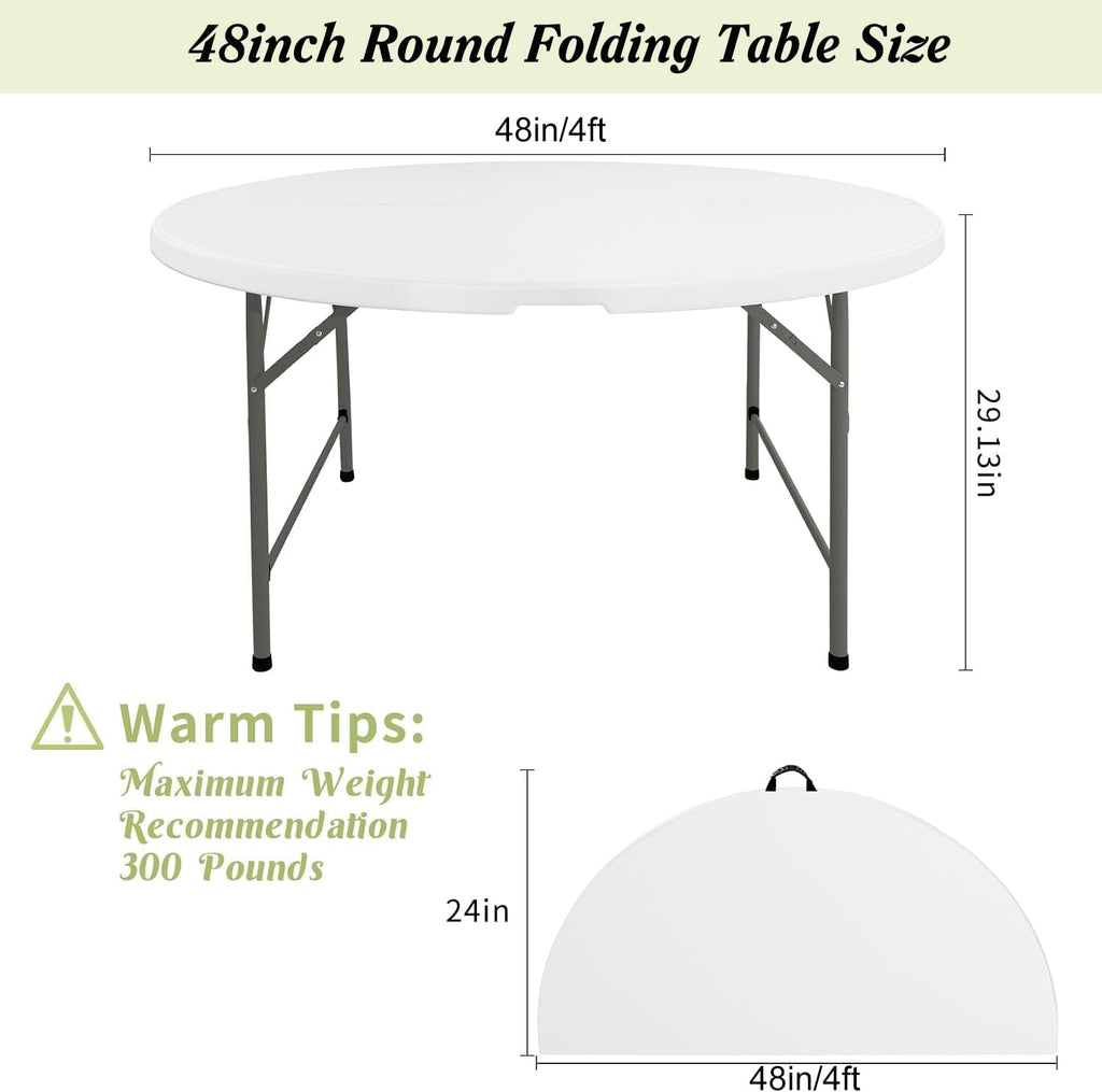 Fivenl Round Folding Tables White Foldable Table, Fold-in-Half with Carrying Handle Portable Plastic Table for Party, Dining, Wedding, Camping, Picnic, Indoor Outdoor Events (1, White, 4 FT)