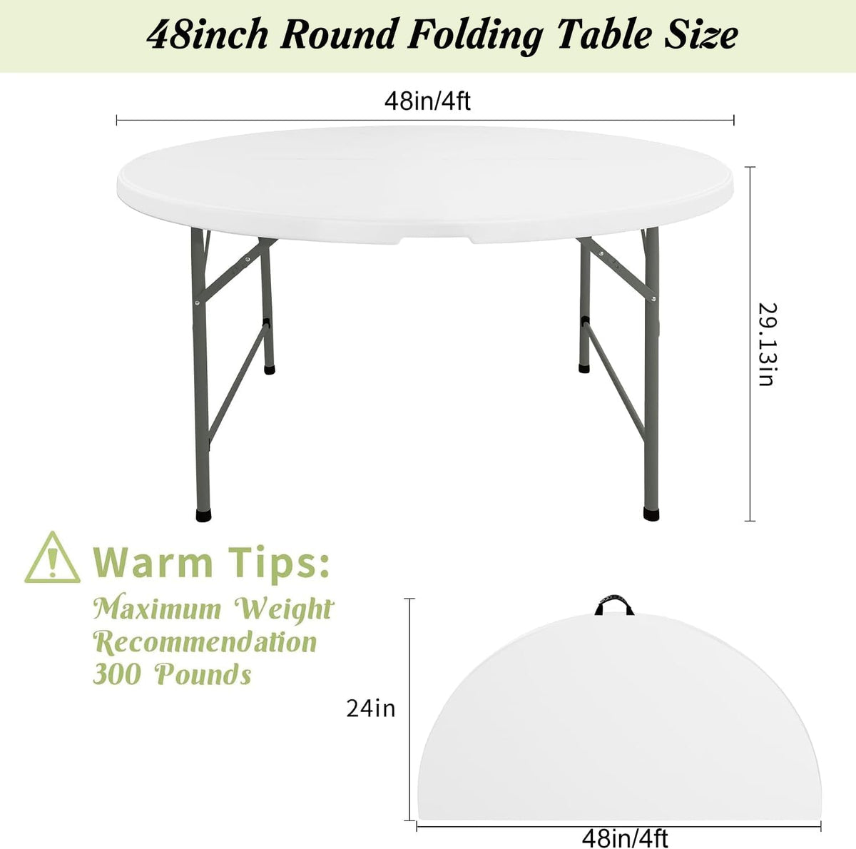 Fivenl Round Folding Tables White Foldable Table, Fold-in-Half with Carrying Handle Portable Plastic Table for Party, Dining, Wedding, Camping, Picnic, Indoor Outdoor Events (1, White, 4 FT)