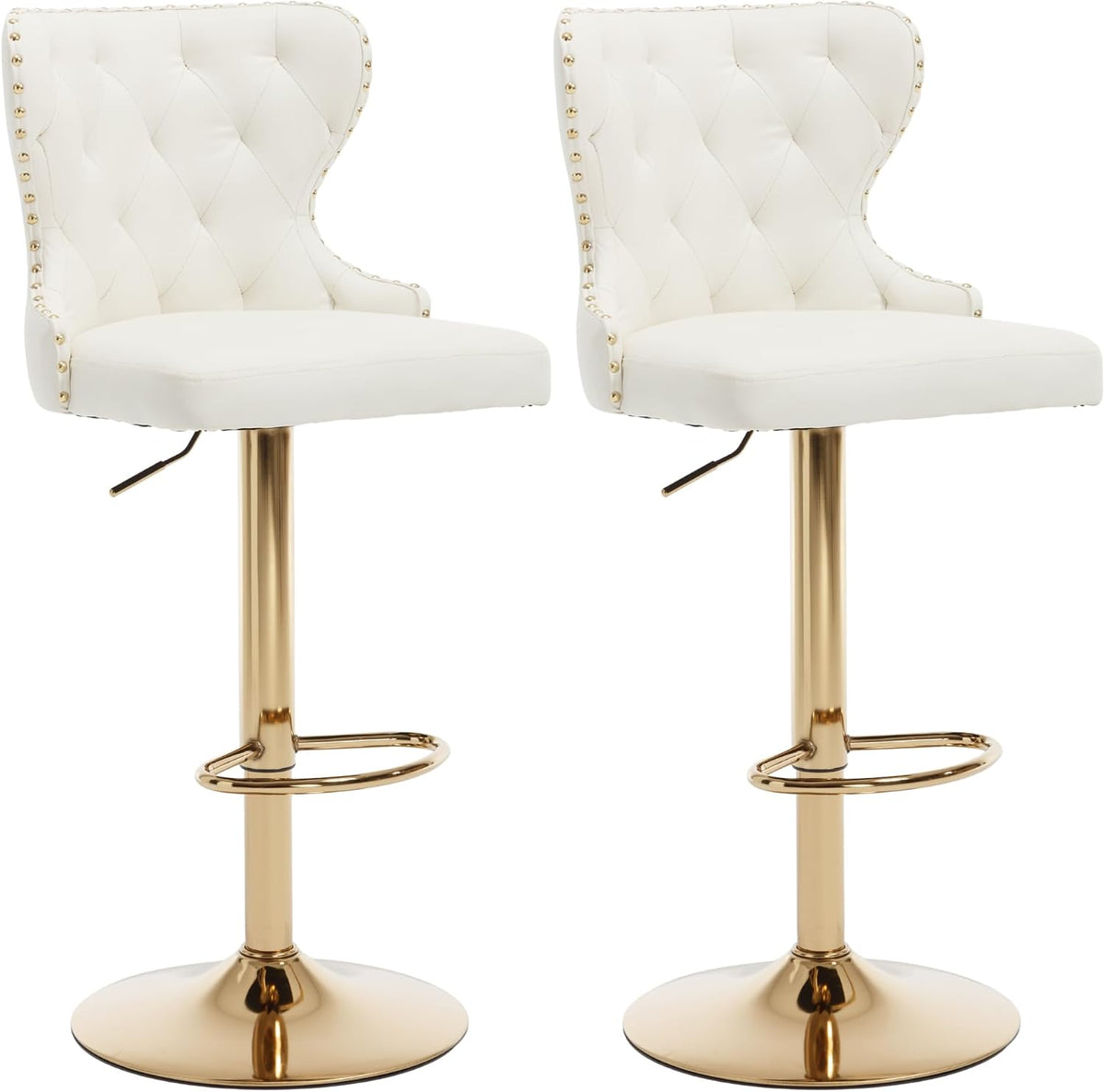 Set of 2 Adjustable Swivel Bar Stools, Faux Leather Upholstered Counter Height Chairs with High Back and Nailhead Trim, Gold Metal Legs and Footrest,for Kitchen Island or Home Bar,White