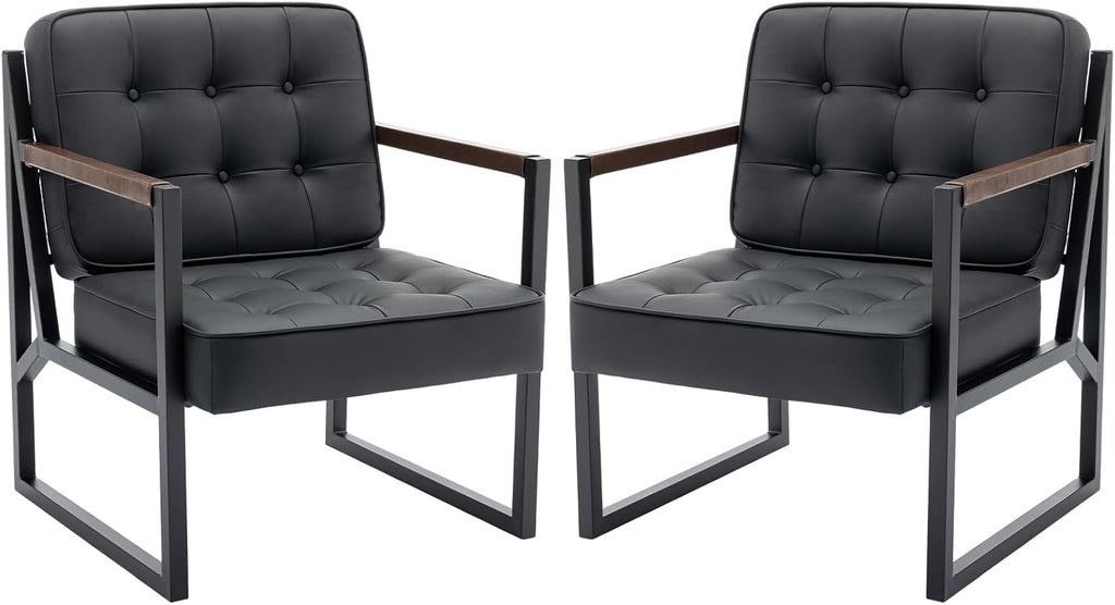 COLAMY Mid Century Modern Accent Chair Set of 2, Comfy Living Room Chair, Black Leather Accent Chair, Faux Leather Reception Armchair with Metal Legs for Living Room Bedroom Reception Office, Black