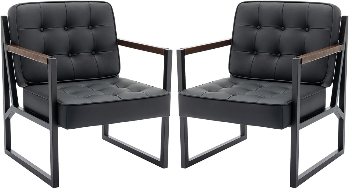 COLAMY Mid Century Modern Accent Chair Set of 2, Comfy Living Room Chair, Black Leather Accent Chair, Faux Leather Reception Armchair with Metal Legs for Living Room Bedroom Reception Office, Black