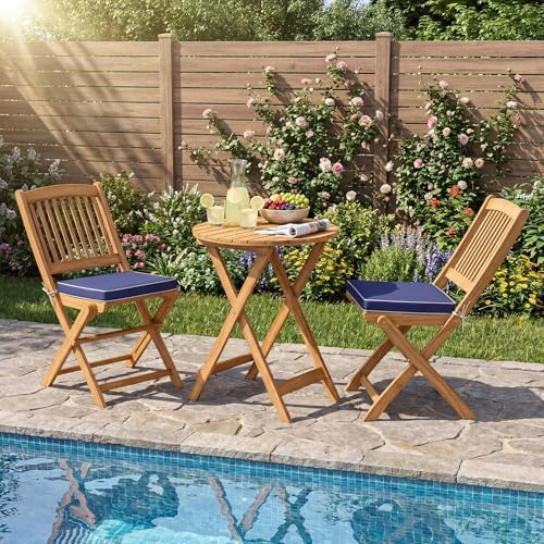 GIANTEX 3 Pieces Acacia Wood Bistro Set, Outdoor Folding Table & Chairs