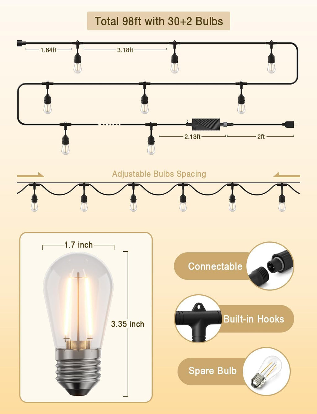 XMCOSY+ Outdoor String Lights, 98FT Smart Dimmable Edison Bulb Patio Lights