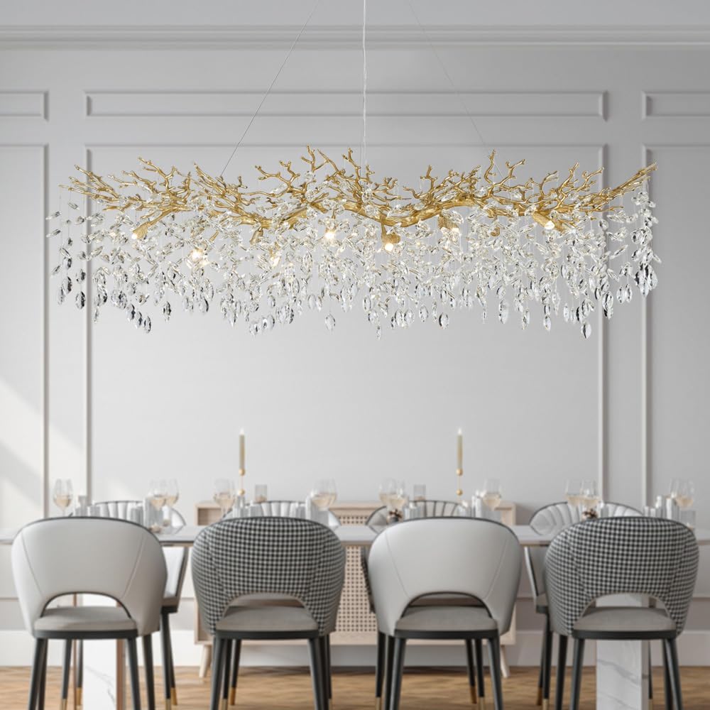 Modern Gold Crystal Chandeliers Chandeliers - L63 inch Rectangular Golden Tree Branches Ceiling Pendant Light Fixtures, Luxury K9 Raindrop for Dining Room