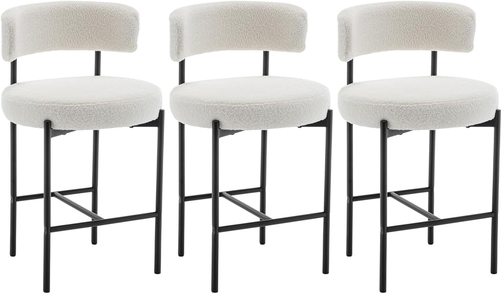 Cinxzar Boucle Bar Stools Set of 3, White Counter Height Bar Stools with Backs, Modern Barstools for Kitchen Island, Pub, Club