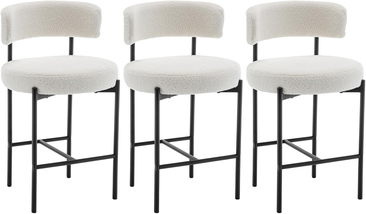 Cinxzar Boucle Bar Stools Set of 3, White Counter Height Bar Stools with Backs, Modern Barstools for Kitchen Island, Pub, Club