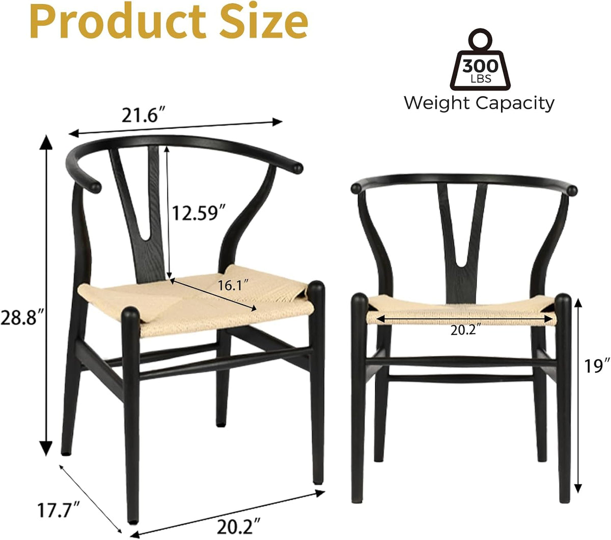 Wishbone Chairs Set of 4, Dining Chairs (Black Frame + Natural Cord)