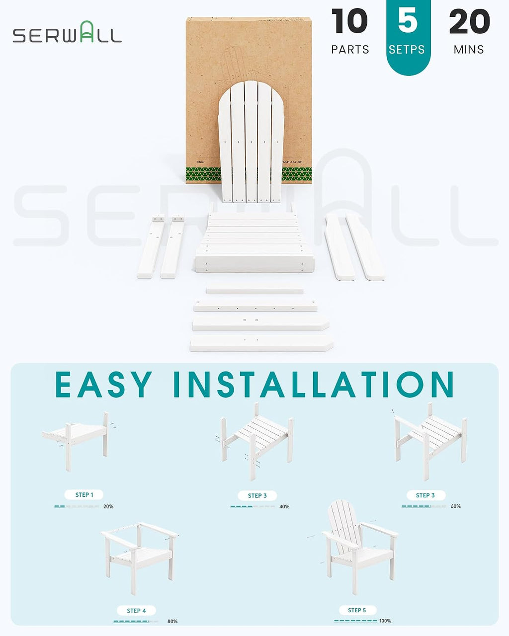 SERWALL HDPE Stackable Adirondack Chairs Set of 4,Space-Saving, White